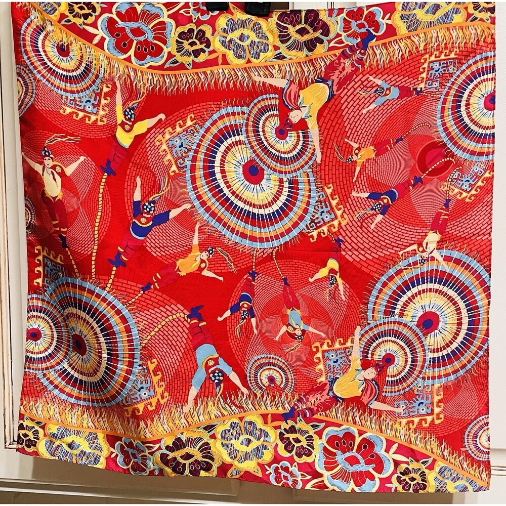 Pineda Covalin Silk Satin Square Scarf Red Multicolor Floral Fringe Dry Clean